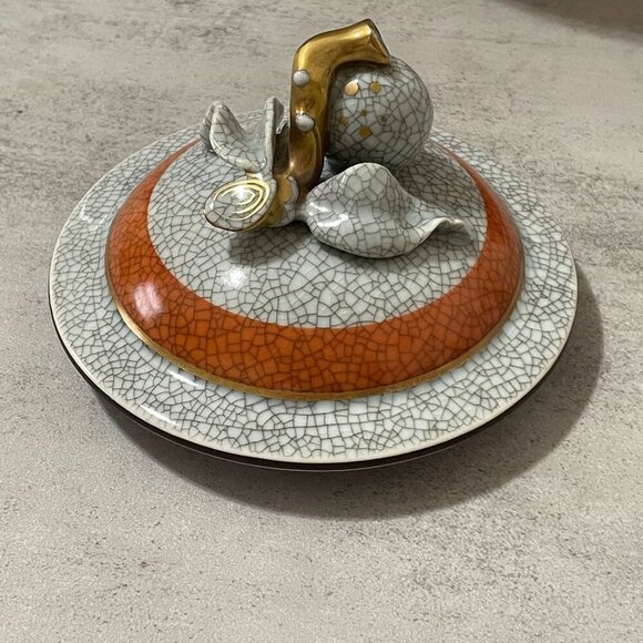 Vintage Royal Copenhagen 50s Orange Grey Craquele Crackle Vase Fruit Finial Lid - Picture 5 of 12